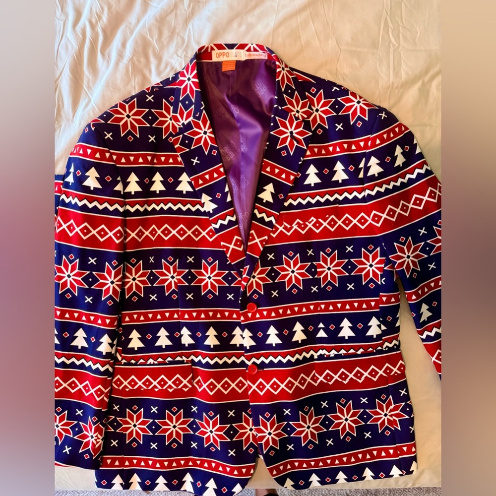 Festive Red and Blue Patterned Suit
